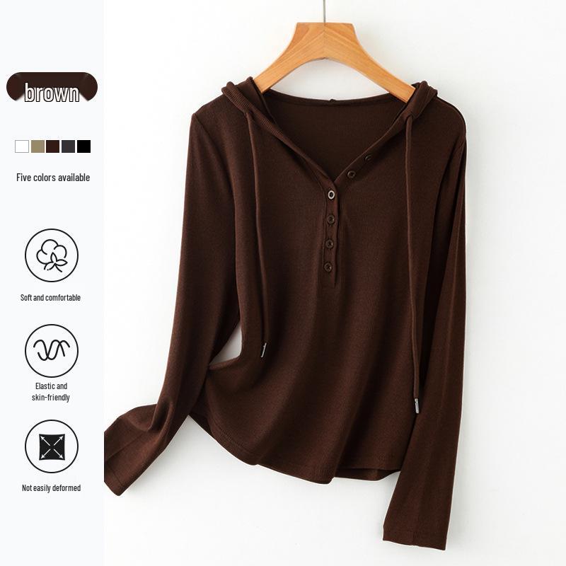 Women's V-Neck Button-Down Hooded Sweatshirt Base Layer - Slim Fit Long Sleeve for Spring & Autumn