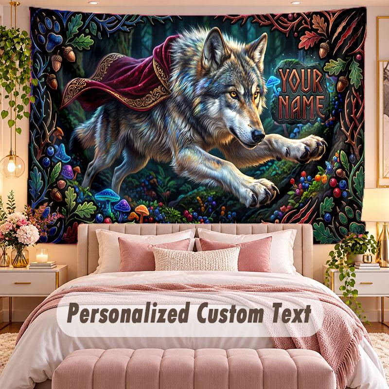 Wolf (293) Theme Wall Tapestry Customized With Name Text Personalized Hanging Tapestry For Bedroom Living Room Decor