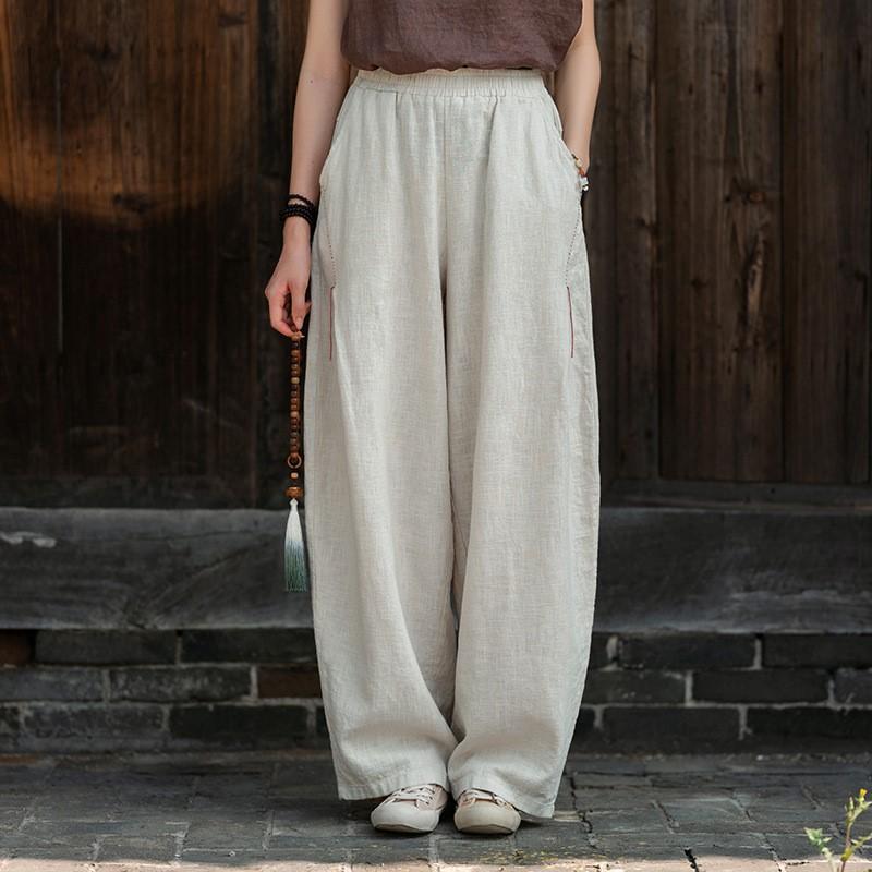 

Johnature Винтажные женские панталоны, эластичная талия, однотонные брюки, осенние свободные брюки с вышивкой и карманами One Size бежевый