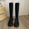 Autumn Winter Vintage Knee-High Long Boots Brown Platform Suede Stretch Boots Versatile Slip on Botas for Women Bottes Femmes