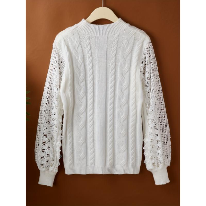 Women'S Elegant Sweater with Lace Detail - Mandarin Collar, Geometric Pattern, Fall/Winter StyleSweater Top