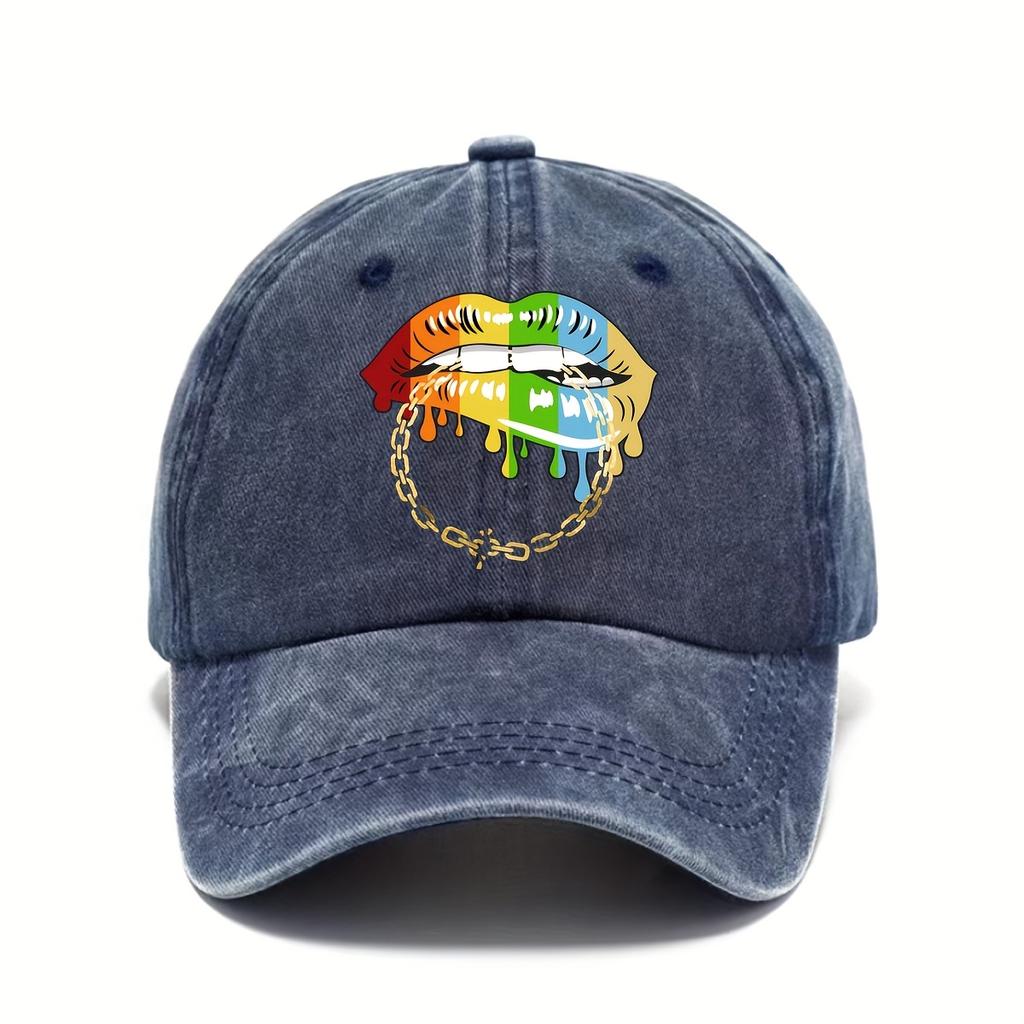 Rainbow Dripping Lips Chain Baseball Cap Distressed Denim Washed Sun Protective Casual Adjustable Hat