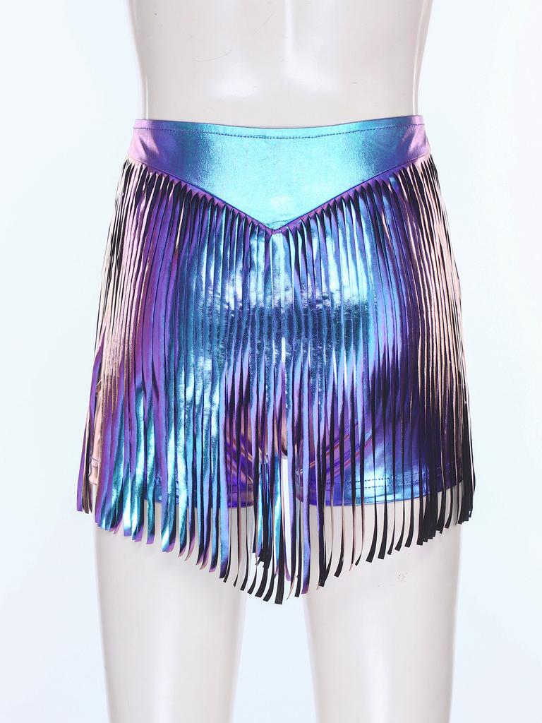 S-XXL Women's Fringed Booty Shorts: High Waist Iridescent Metallic Hot Pants with Tassel for Jazz Rock Dance Performance