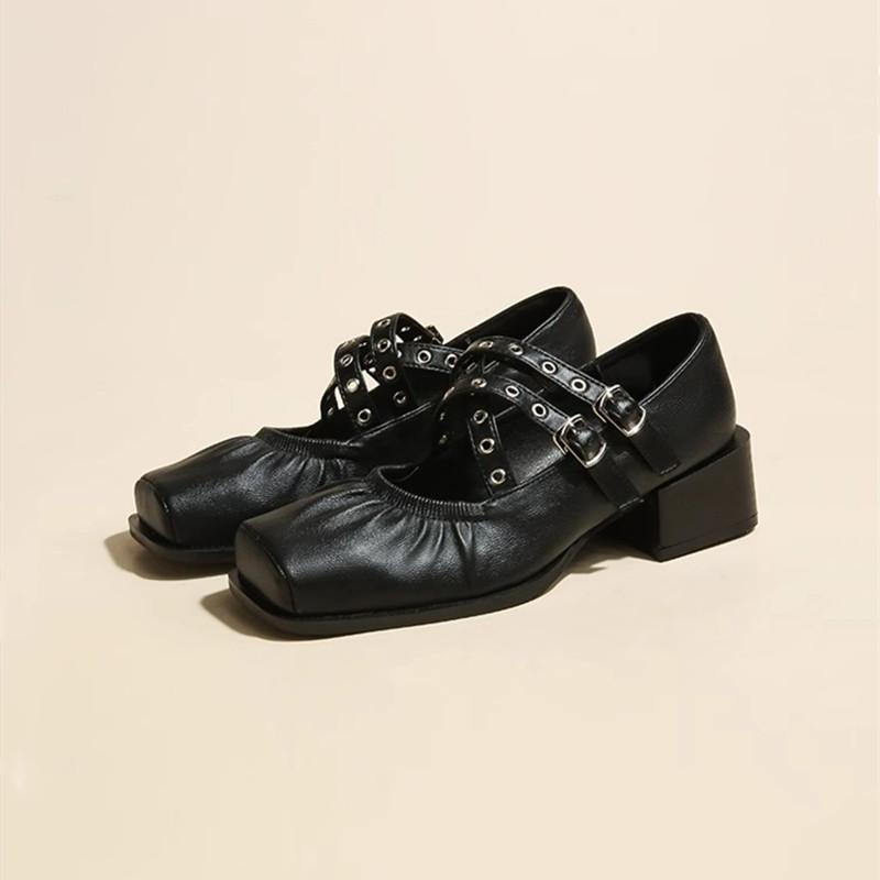 Fashion Fashion Square Toe Rivet Cross Strap Mary Janes Women Pumps Spring Autumn Leather 4.5cm Thick Heeled Punk Loafers Girls Shoes