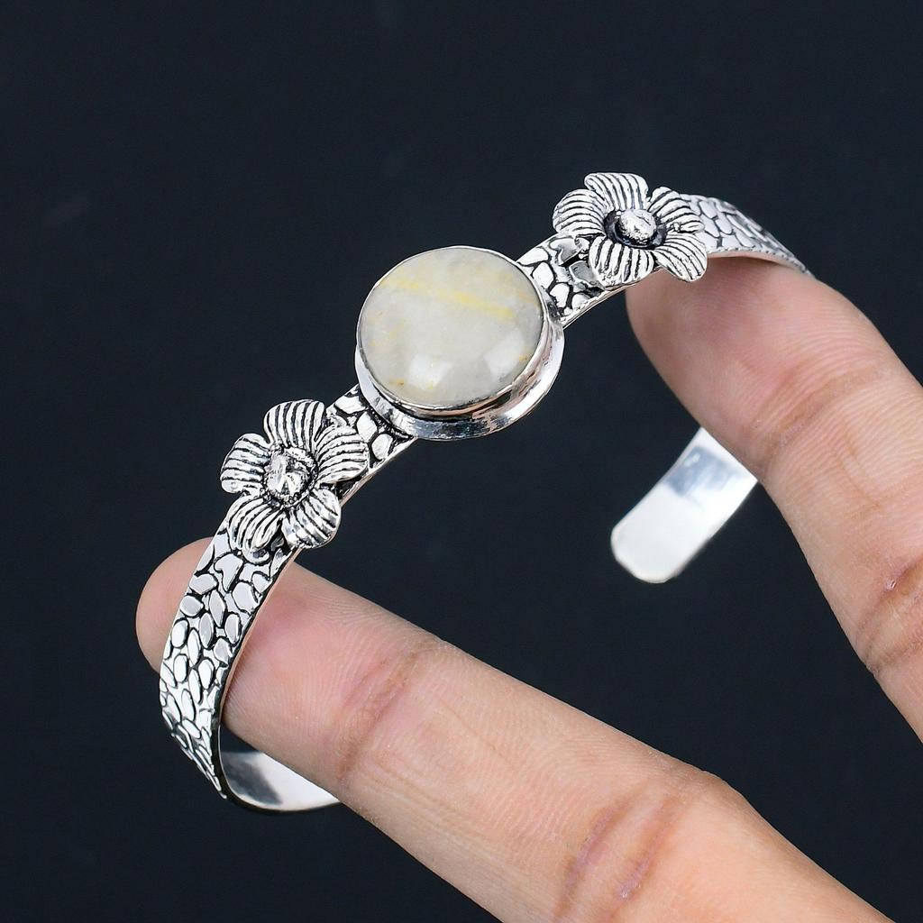 Halloween Deal 925 Silver Round Natural Golden Rutile Flower New Bangle Bracelet