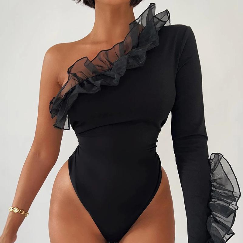 Street Y2K Fashion Slim Fit Casual Women's Jumpsuits Mesh Ruffle Single Shoulder Sleeve Sexy Rompers Women Elegant High Waist Bodysuits T-shirt 25761