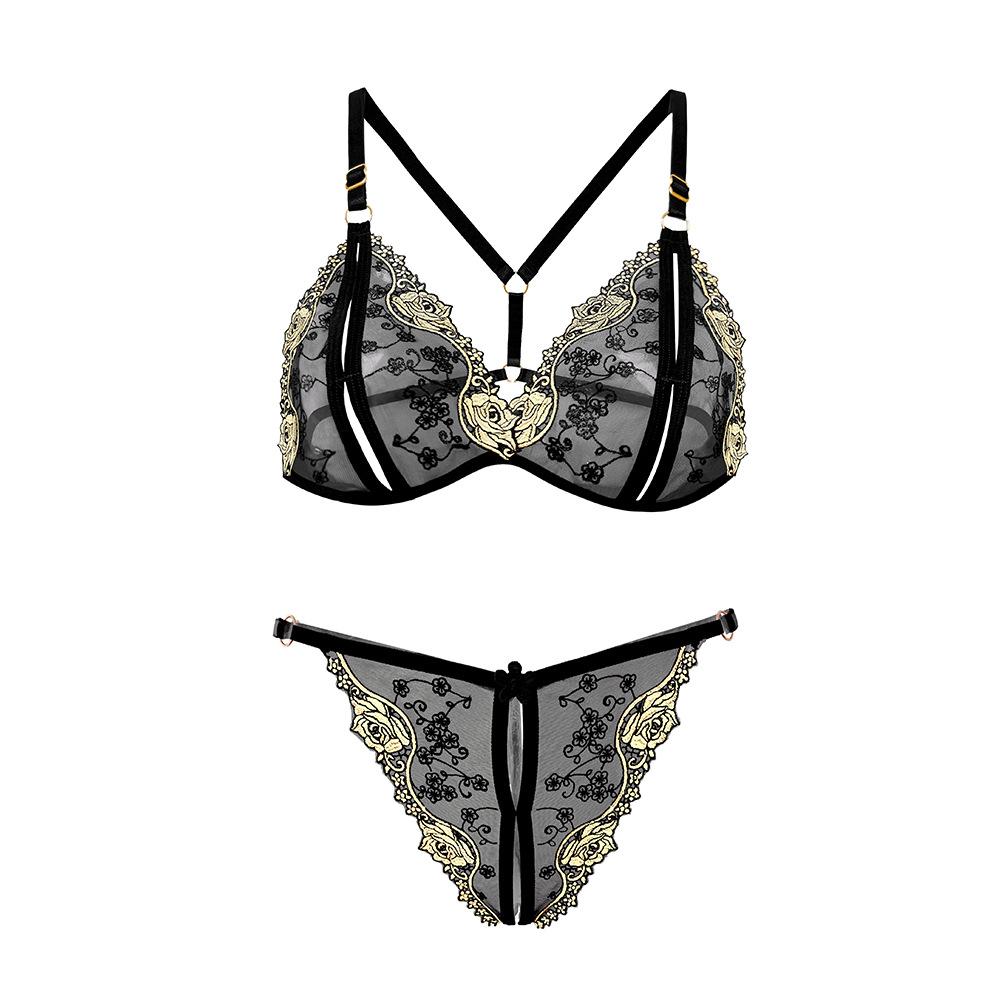 Women Floral Embroidory Underwear Set Sexy Lace Erotic Lingerie Female Bra And Brief Transparent Sensual Push Up Panty Patchwork