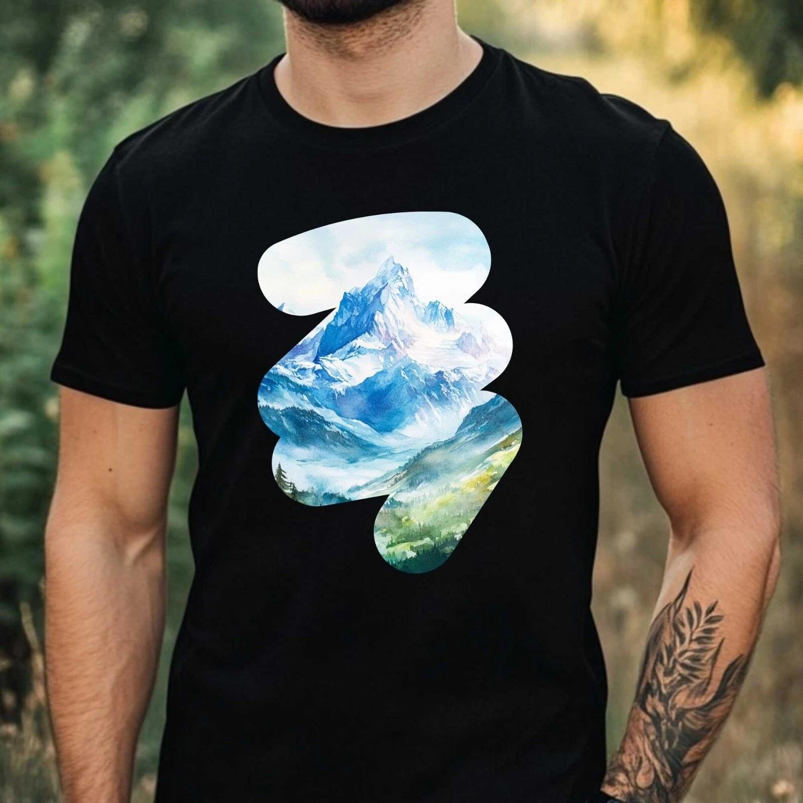 T-Shirt Herren Aquarell Berglandschaft Motiv Baumwolle Größe XS bis 5XL XXXL