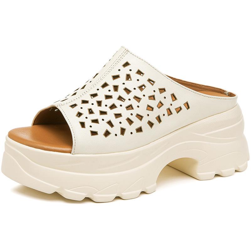 Leather platform slippers women's summer new outer wear hollow hole shoes versatile open-toed high-heeled sandals