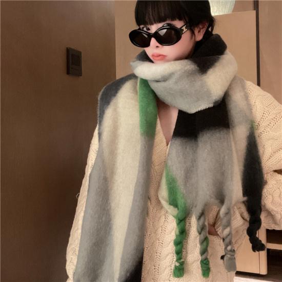 South Korean Ins2024 New Winter Geometric Color Gradient Mohair Fringe Scarf Women'S Shawl Two Use Scarf
