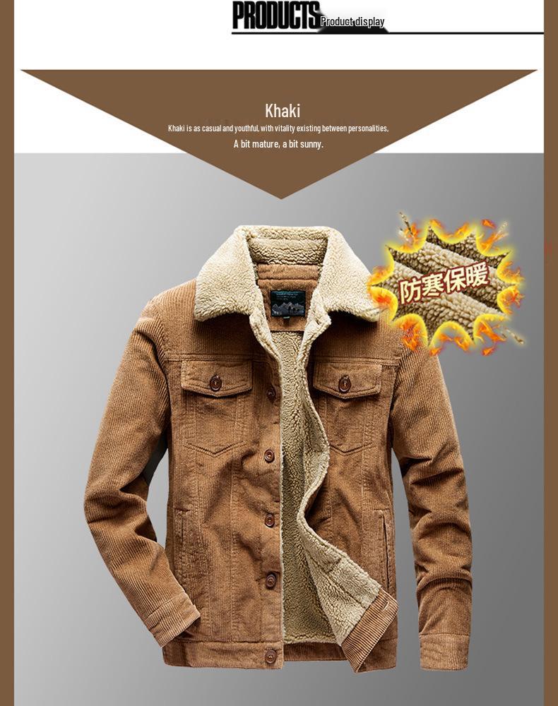 Men's Retro Corduroy Lambswool Jacket - Thickened, Fleece-Lined Cotton-Padded Coat for Autumn and Winter.
