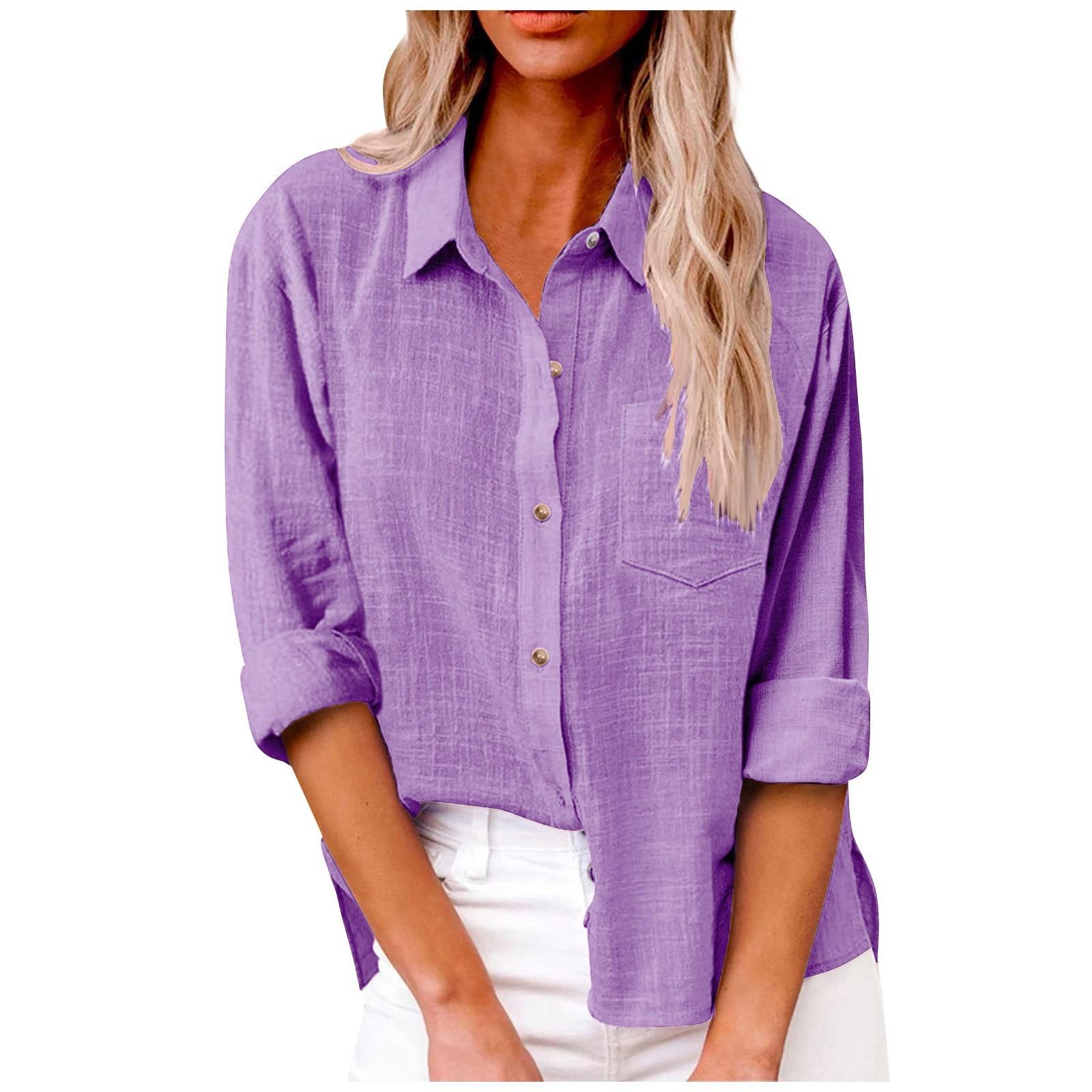 

Women s Long Sleeve Button Solid Color Loose Shirt Casual Large Size Shirt M фиолетовый