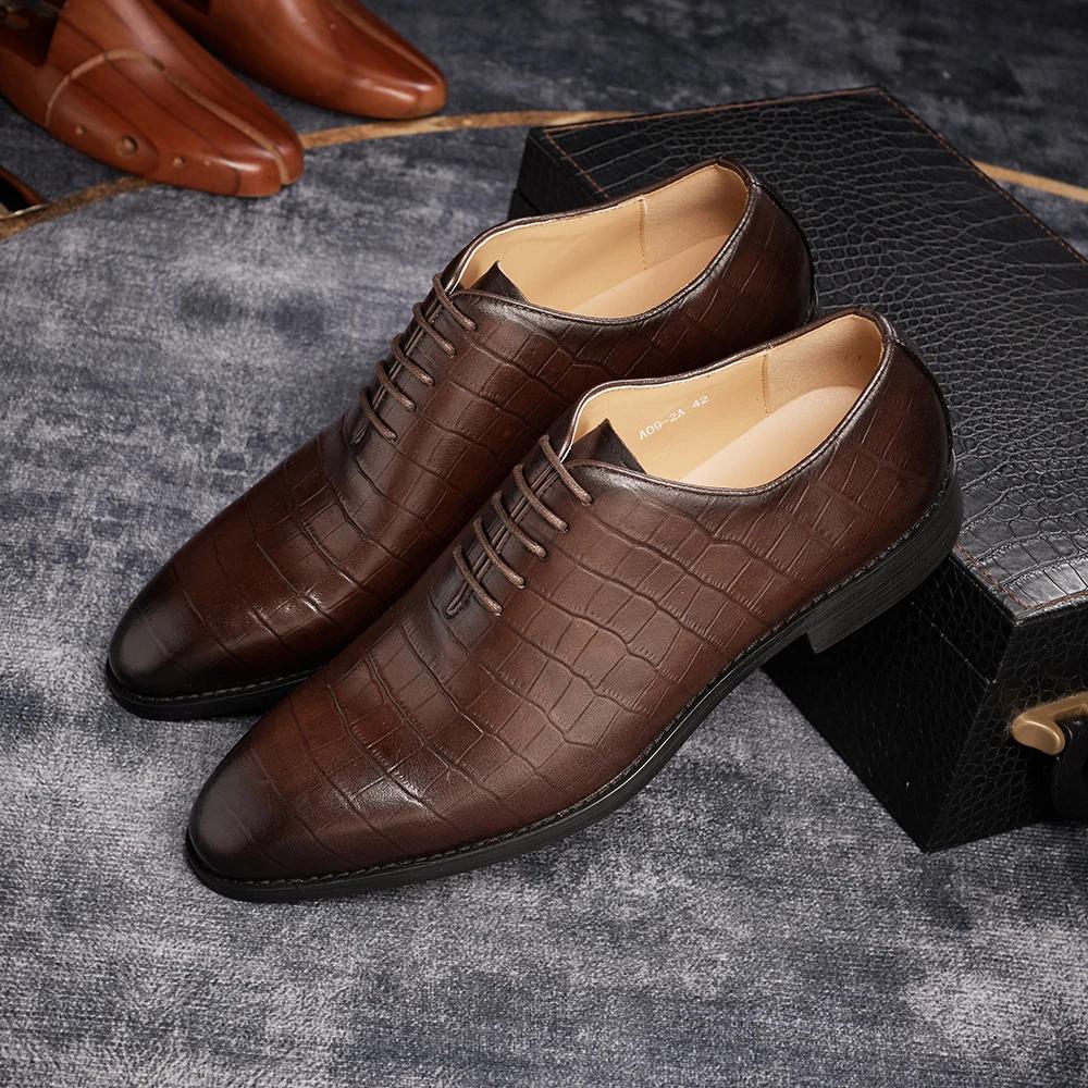 Men's Formal Wedding Shoes Lace-Up Pointed Toe Oxford Genuine Leather Crocodile Print Party Business Dress Shoes