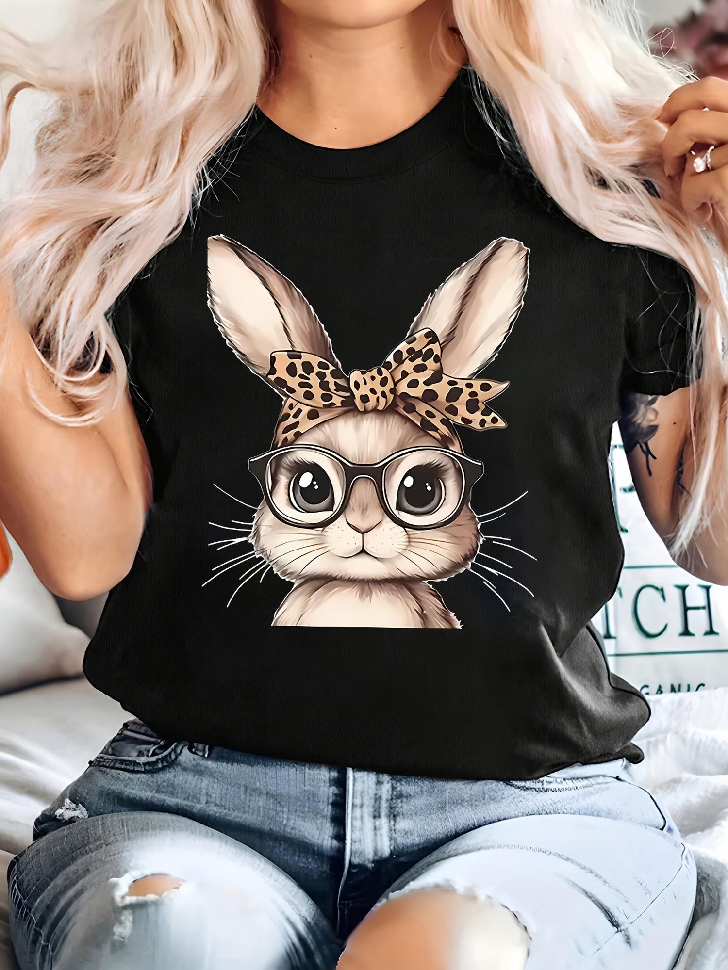 

Женская повседневная футболка с круглым вырезом и графическим принтом кролика, с коротким рукавом, трикотажный топ для всех сезонов футболки для женщин 4XL