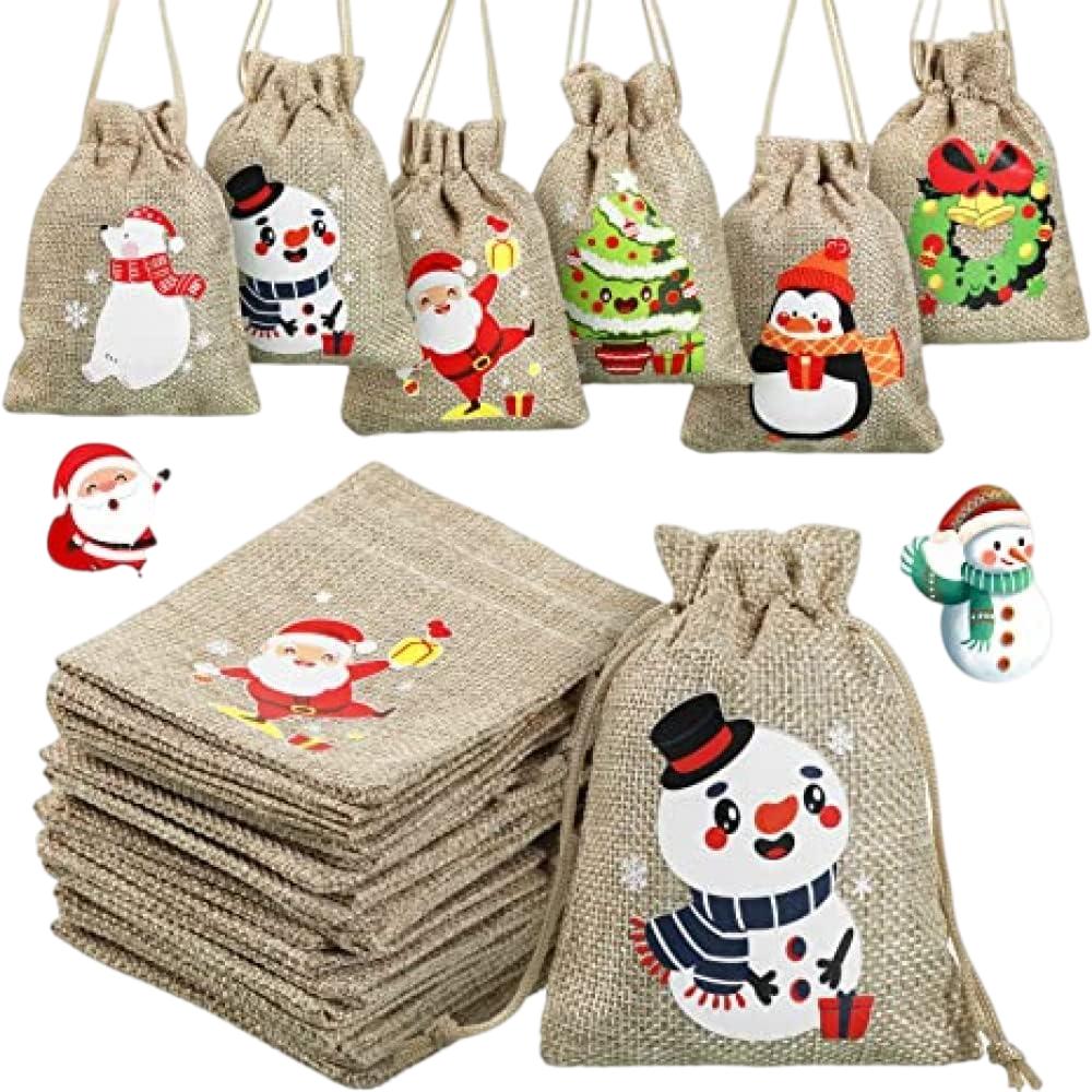 1-30Pcs Christmas Linen Bags Cartoon Santa Claus Snowman Candy Gifts Drawstring Bag for Xmas Party Packaging Storage Pouches