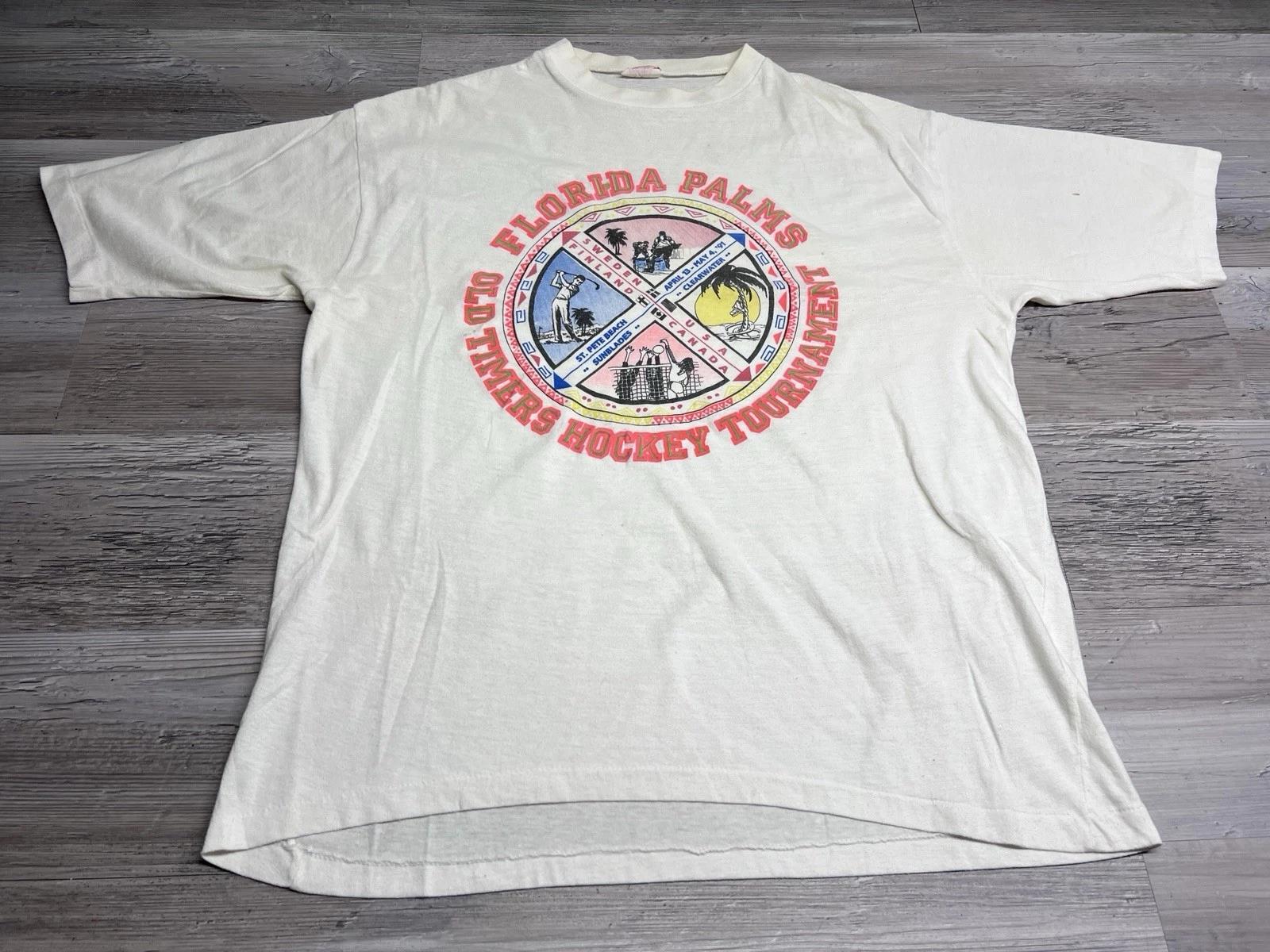 

Vintage 90s Florida Palms Old Timers Hockey Tee Single Stitch XL Made in USA #2 S