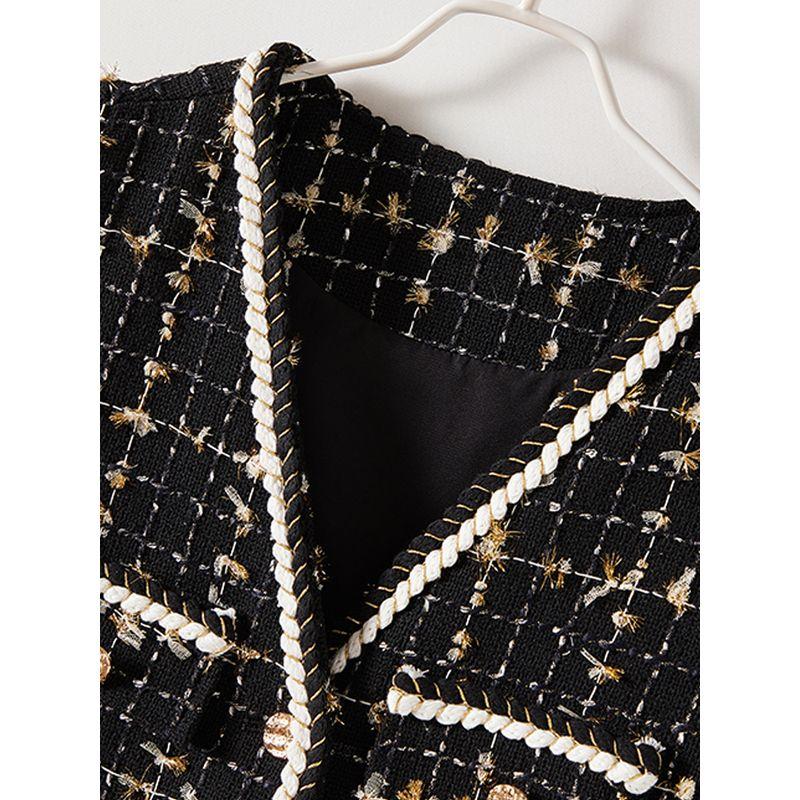 Strong Promotion of Benefits! Three-Dimensional Tassel Plaid V-neck Woolen Pocket Vest Female Fall and Winter Bandage Dress Edging Outwear