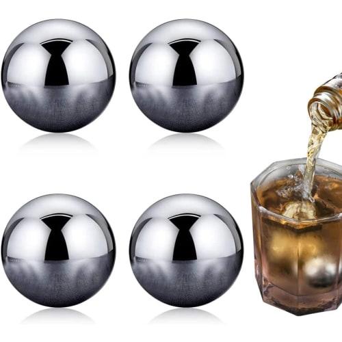 Set of 4 Round Whiskey Stones, 25mm Round, Reusable Stainless Steel Ice Cubes, Golf Balls, Whiskey Stones, Metal Ice Balls, Scotch Gift Set for Red Wi