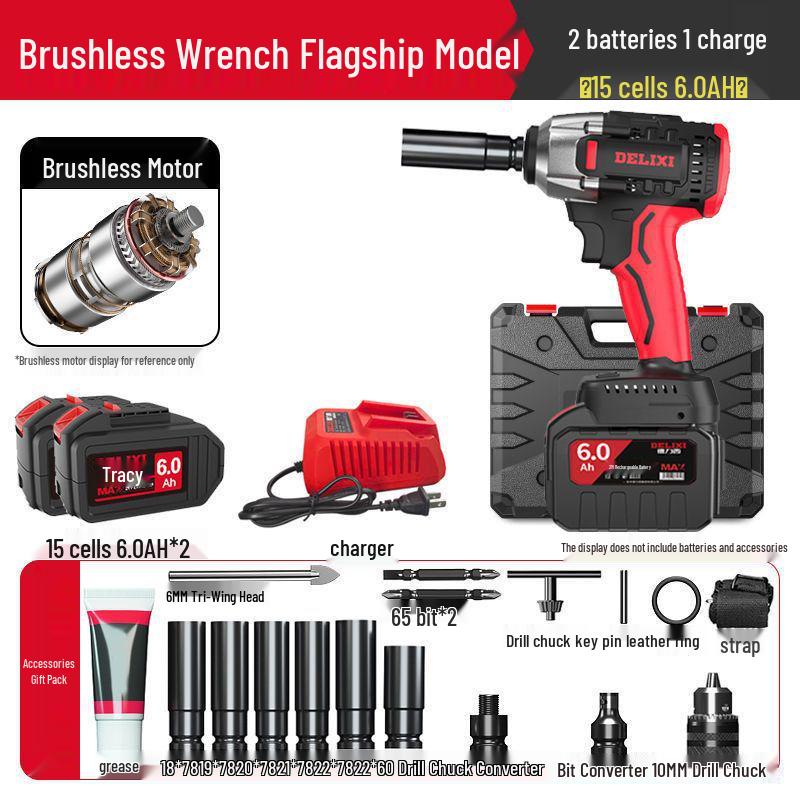 Delixi High Torque Brushless Impact Wrench - Electric Air Wrench with Lithium Battery & Charging Board for Auto Repair.