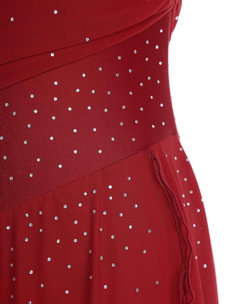 Womens Dance Dress Rhinestones Adorned Straps Backless Design Side Slit Flowy Asymmetrical Hem Dresses