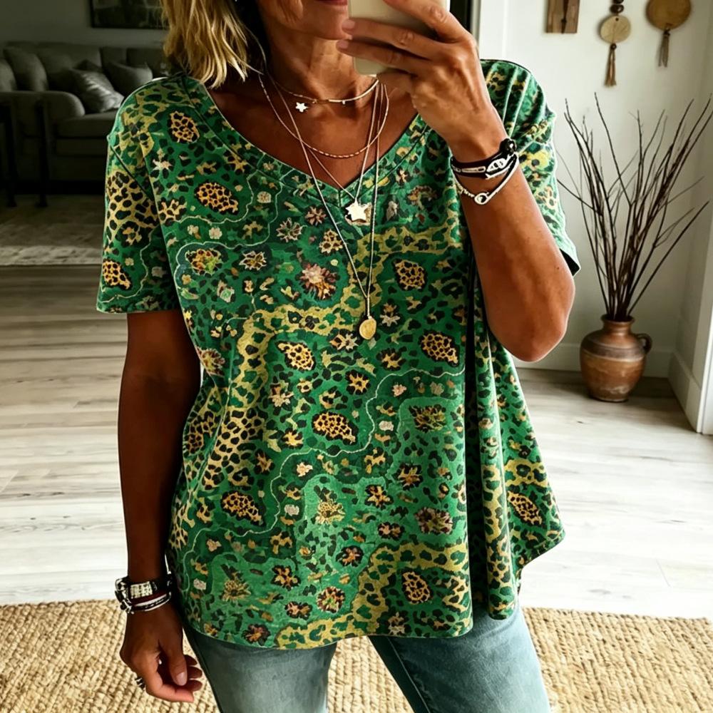 Women Boho Paisley Print Blouse V‑Neck Short Sleeve Ethnic Retro Loose Plus Size Casual Summer Tunic Top