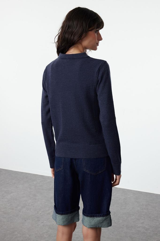 Women's Elegance Style Sweater Navy Blue Wool Polo Neck Knitwear Sweater