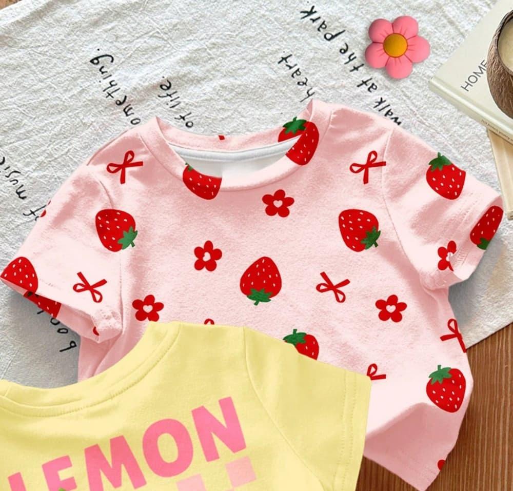 Summer Strawberry Printed T-Shirt Sweet Cute Cartoon Short Sleeve Children's T-Shirt Crew Neck Casual Tees Outdoor Girls Clothes