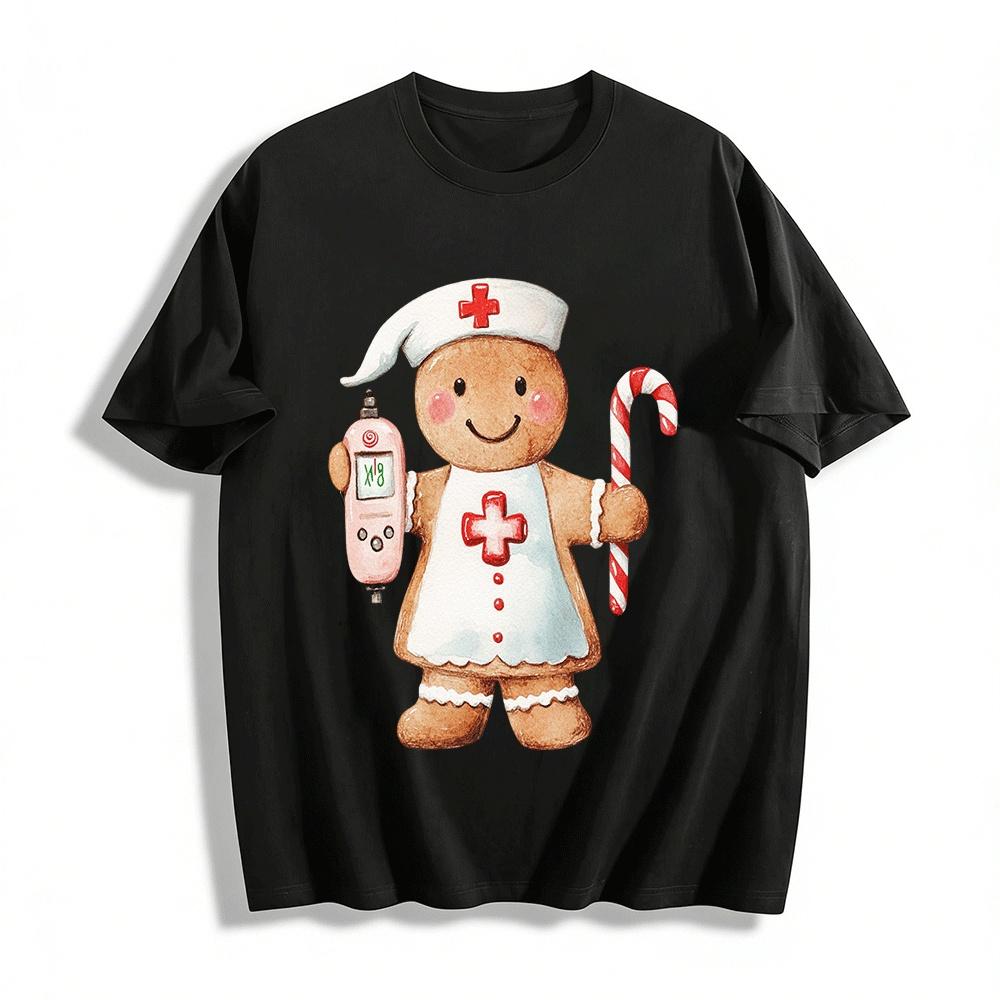Christmas Gingerbread Nurse Print Casual Top Pure cotton T-shirt XXS