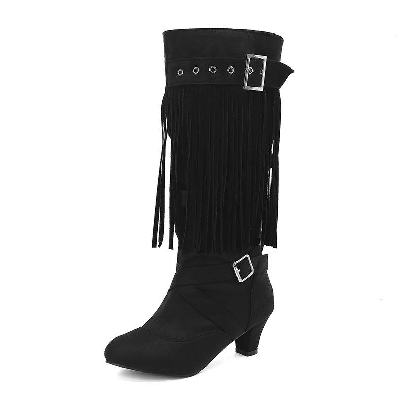 Women's High-Heel Suede Over-the-Knee Boots with Fringe, Pointed Toe, Large Size 45