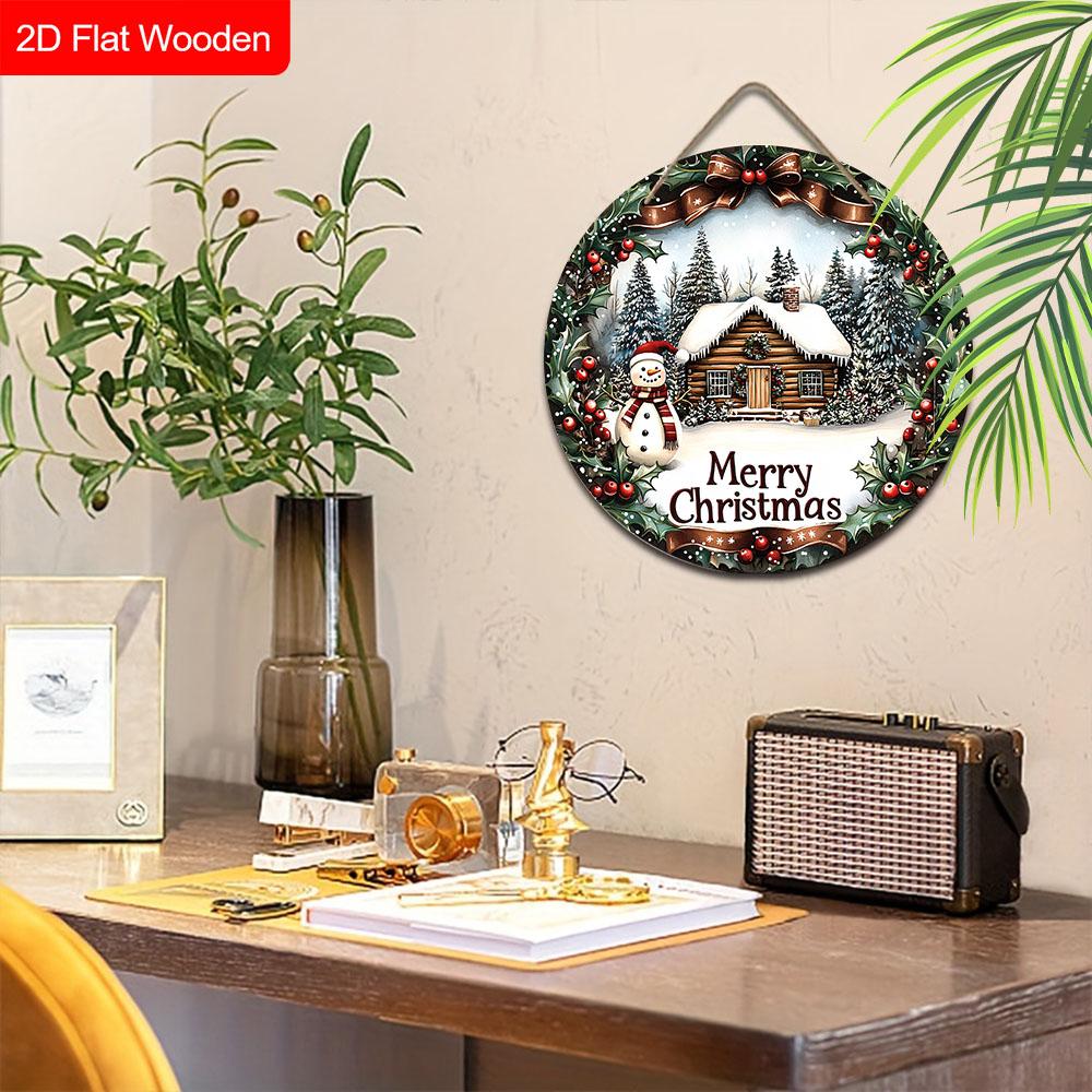 Wooden Christmas Sign with Snowman & Snow House Pattern - Navidad Round Sign for Front Door, Wall Hanging Decor - Ideal Christmas Decoration