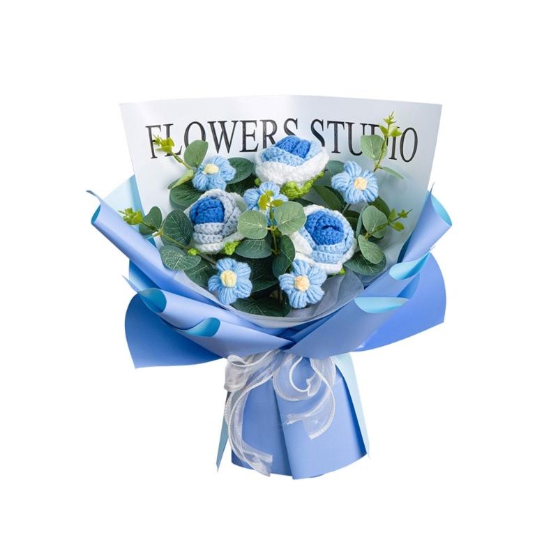 Häkelblumen-Sträuße mit Lichterkette und Geschenktüte Handgefertigte Gestrickte Sträuße Künstliche Rose für Muttertag Hochzeit
