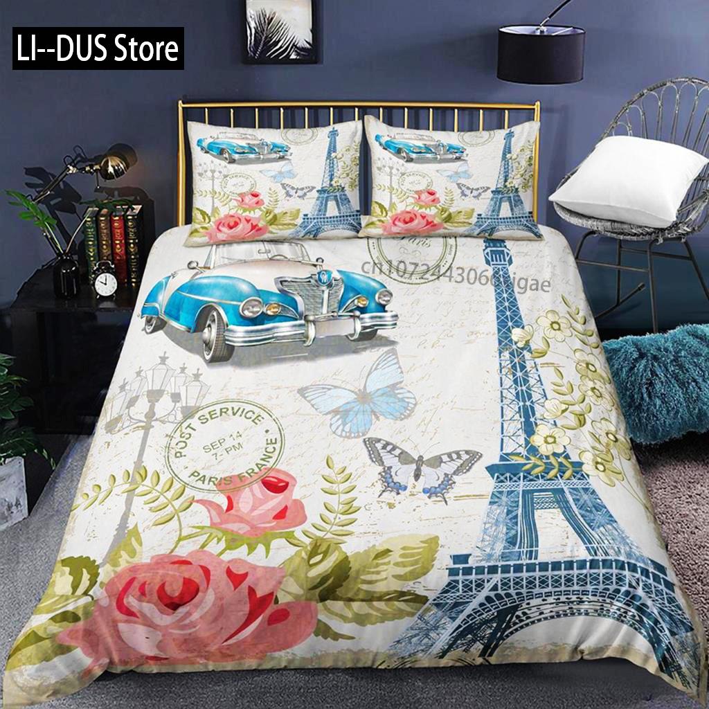 Eiffel Tower Duvet Cover Set Microfiber Paris France Comforter Cover Love Letters French Theme Retro Bedding Set Romantic Gifts