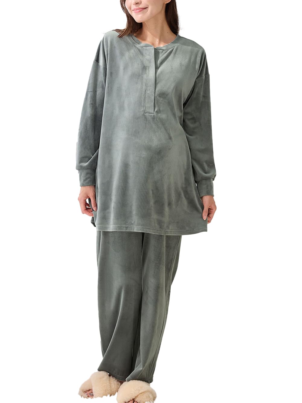 

ANGELIEBE Maternity Мягкий Коул Топ с длинным рукавом и низ и Послеродовая легкая пижама с карманами, Брюки, Комплект, Дородовая одежда, Универсальный размер, Серый,