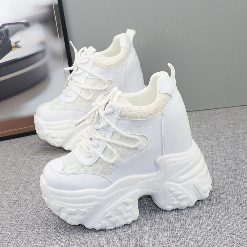 Fashion 12cm Hidden Heel Dad Shoes Women Thick Sole Casual Breathable Mesh Block Heel 10cm White Sneakers