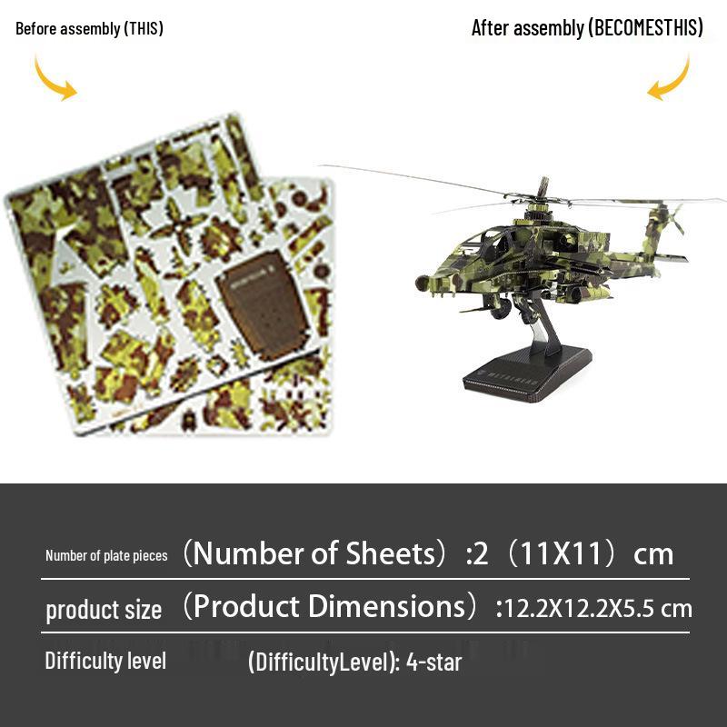 Apache Helicopter All-Metal 3D Puzzle Toy: Stainless Steel, Glue-Free Assembly