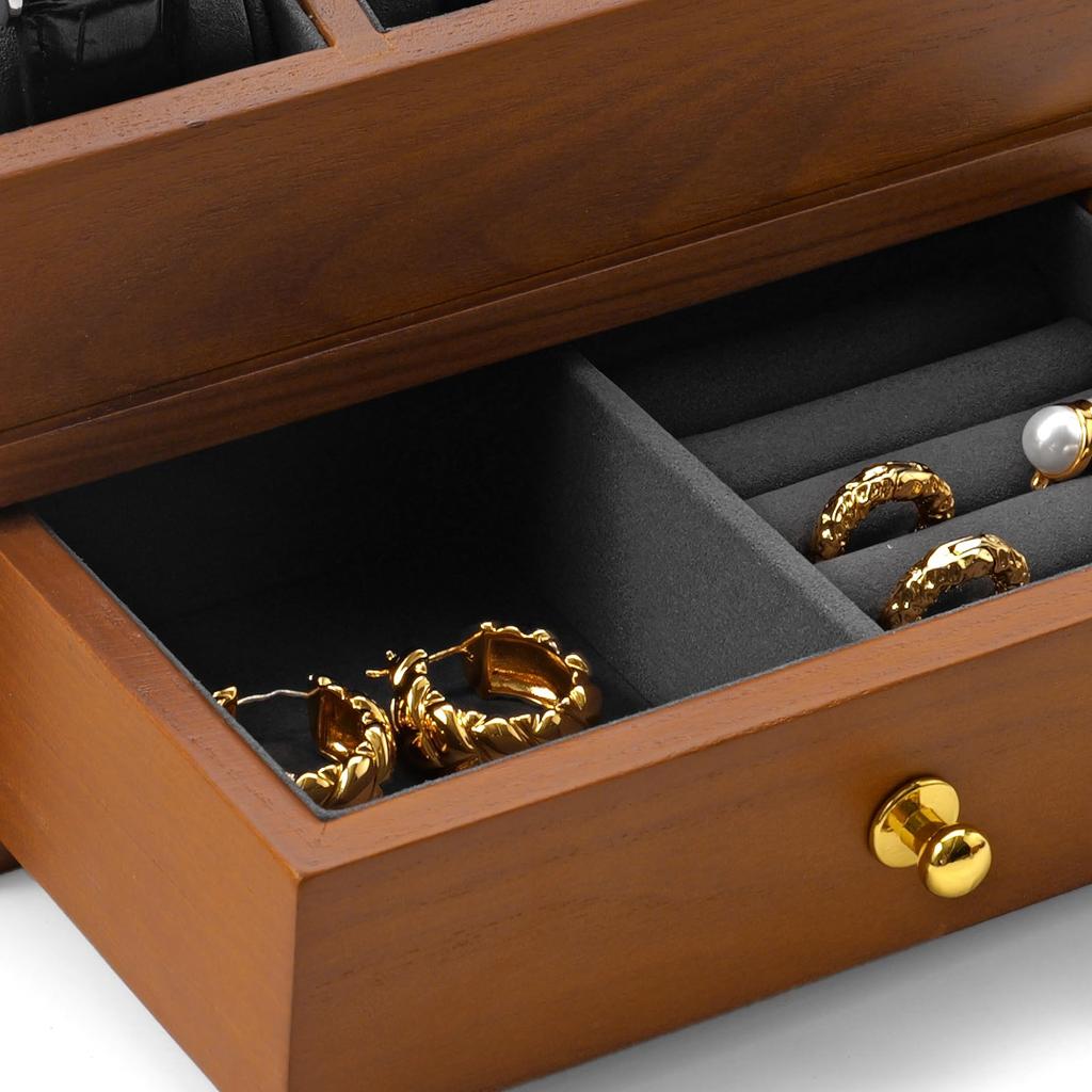 Oirlv Wooden Watch Case X07302 3-Watch Capacity 2-Tier Drawer Storage Necklaces Rings Portable