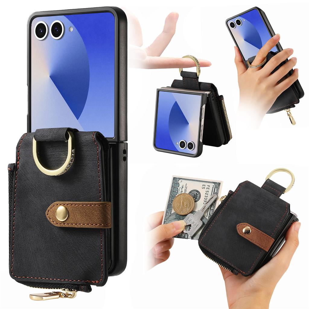 Fashion Zipper Ring Holder Cards Solt Wallet Leather Case for Samsung Galaxy Z Flip 8 7 6 5 4 3 Shockproof Portable Slim Cover