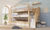 Bunk Bed 90x200 with Hydraulic Storage - Safety Stairs & Shelf, Fall Protection, EN 747-1:2024 Certified, White & Oak, 252x98x170cm
