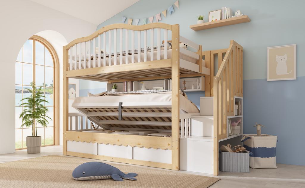 Bunk Bed 90x200 with Hydraulic Storage - Safety Stairs & Shelf, Fall Protection, EN 747-1:2024 Certified, White & Oak, 252x98x170cm