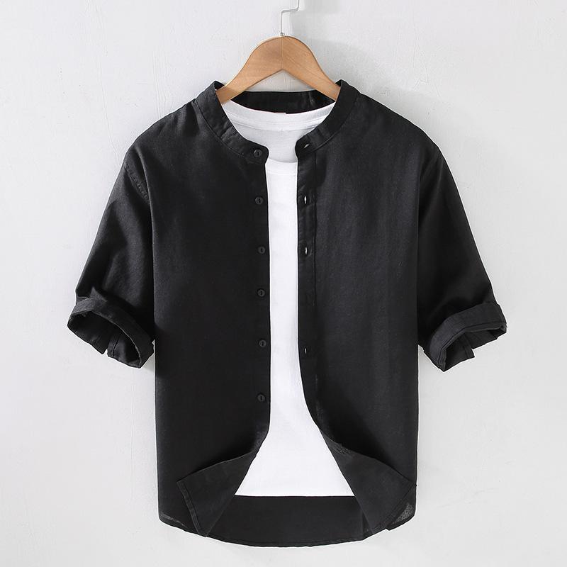 Beach Summer Tops Male Japanese Style Cotton Linen Short Sleeve Shirt Stand Collar Green Shirts for Men Breathable Clothing