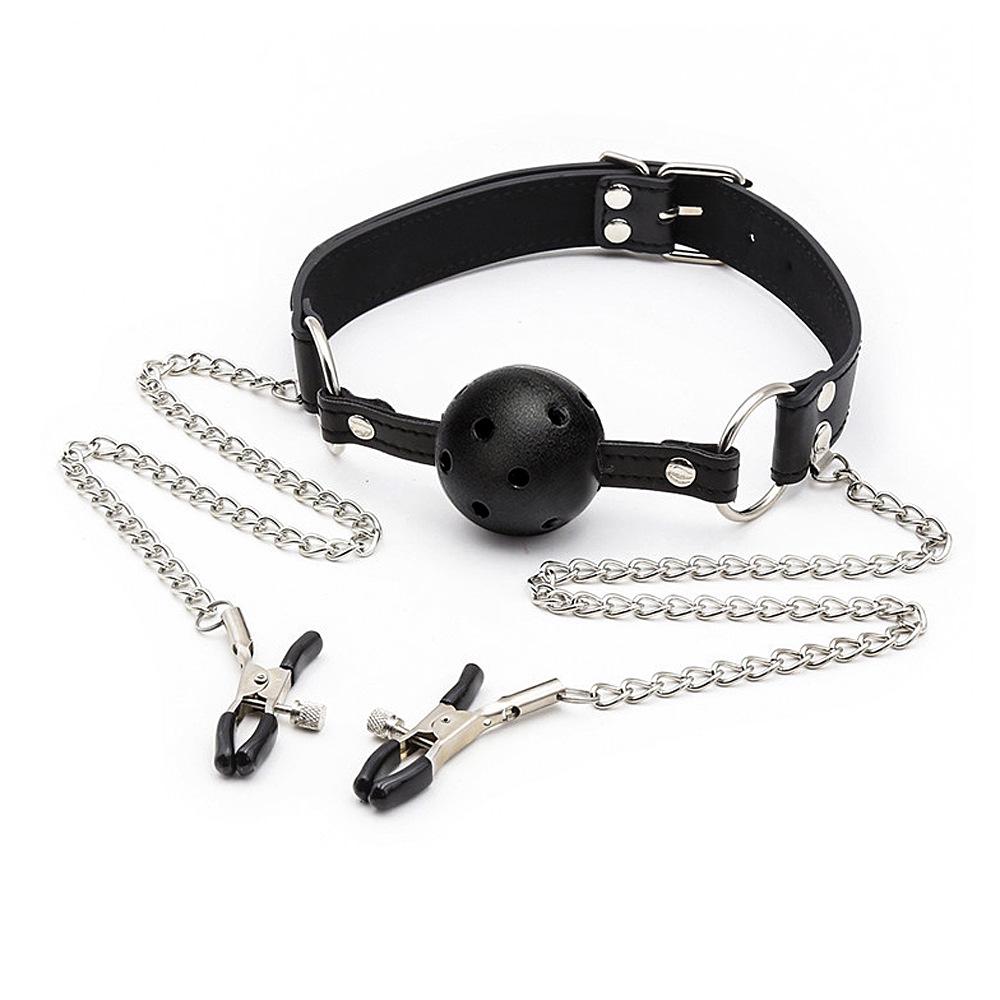 Metal Nipple Clamps & Ball Gag Set for Erotic Oral Slave Training