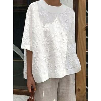 Vintage Sommer Weiß Tops Casual Frauen Baumwolle Blusen Freizeit Runde Kragen Hemd