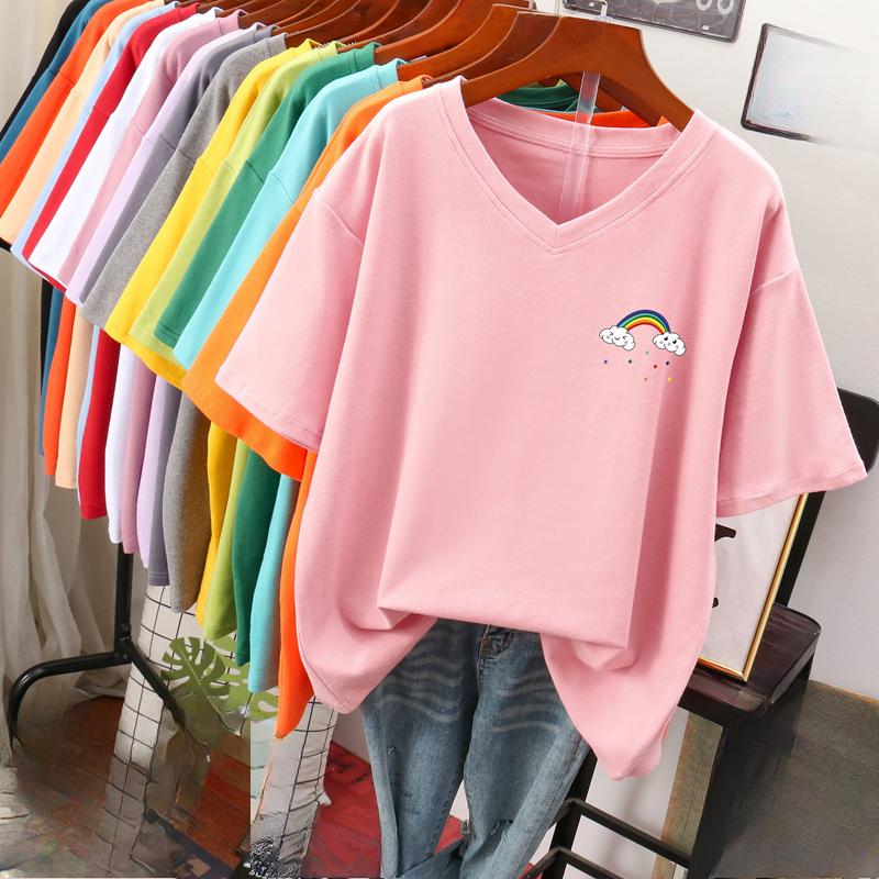 

Женская футболка с коротким рукавом, большого размера, свободная и стройнящая, топ с V-образным вырезом с принтом 5XL розовый