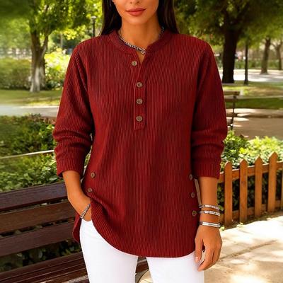 Blouse Décontractée pour Femme Automne Rouge Velours Côtelé Col Henley Boutons Ourlet Courbé