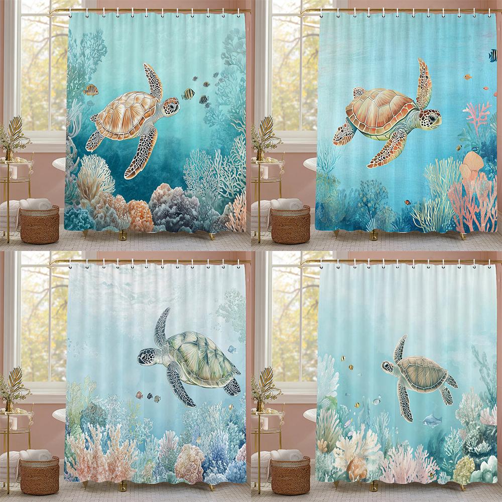 Sea Turtle Shower Curtain, Blue Beach Coastal Sea Turtle Starfish Underwater Creatures Bathroom Decorative Shower Curtain
