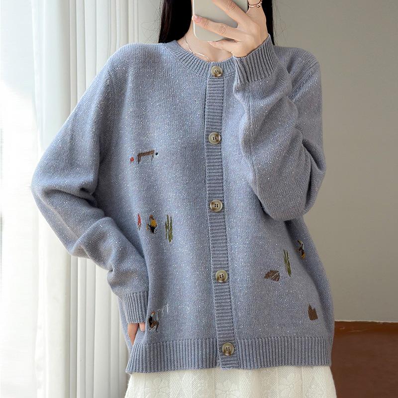2026 Autumn/Winter Pure Wool Knit Cardigan with Lurex Cactus Embroidery