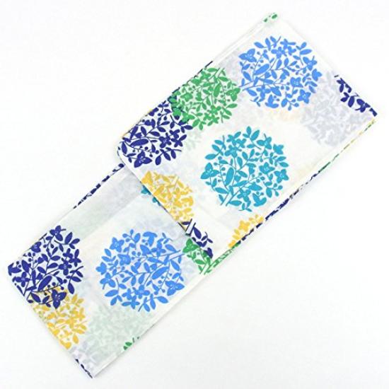 Women's M-L Size Yukata, Obi, and Geta (3-piece Set). White Background with Blue Modern Leaf Design. Women's Yukata 3-piece Set. Sale.