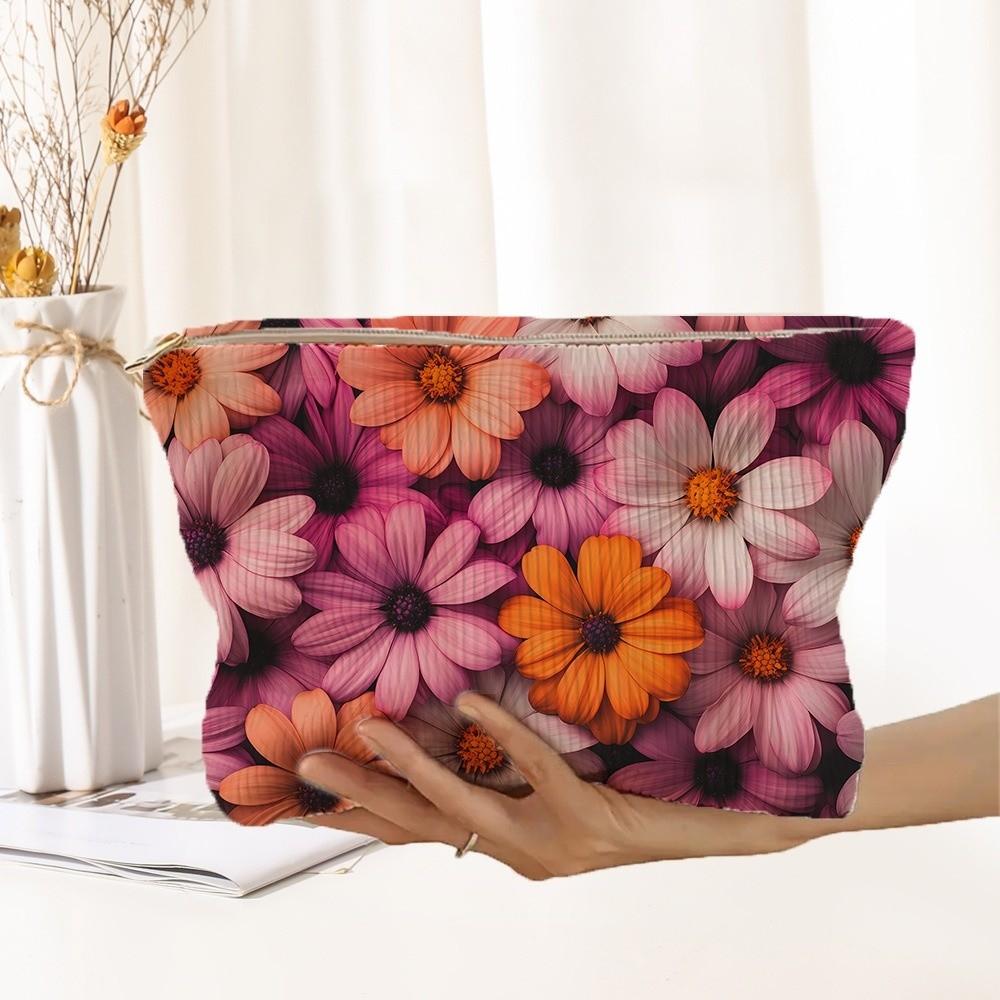 New Portable Floral Cosmetic Bag Corduroy Lightweight Zipper Makeup Organizer Multifunctional Large Capacity Storage Bag Travel