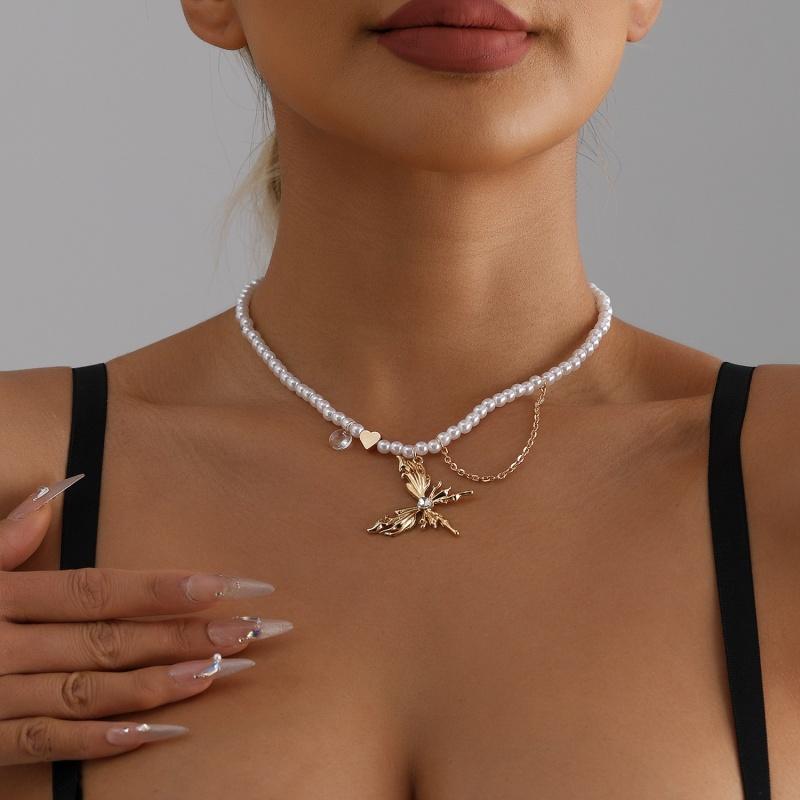 New Shiny Pearl Butterfly Pendant Necklace Fashionable Exquisite Clavicle Chain Ladies Birthday Gift Party Zircon