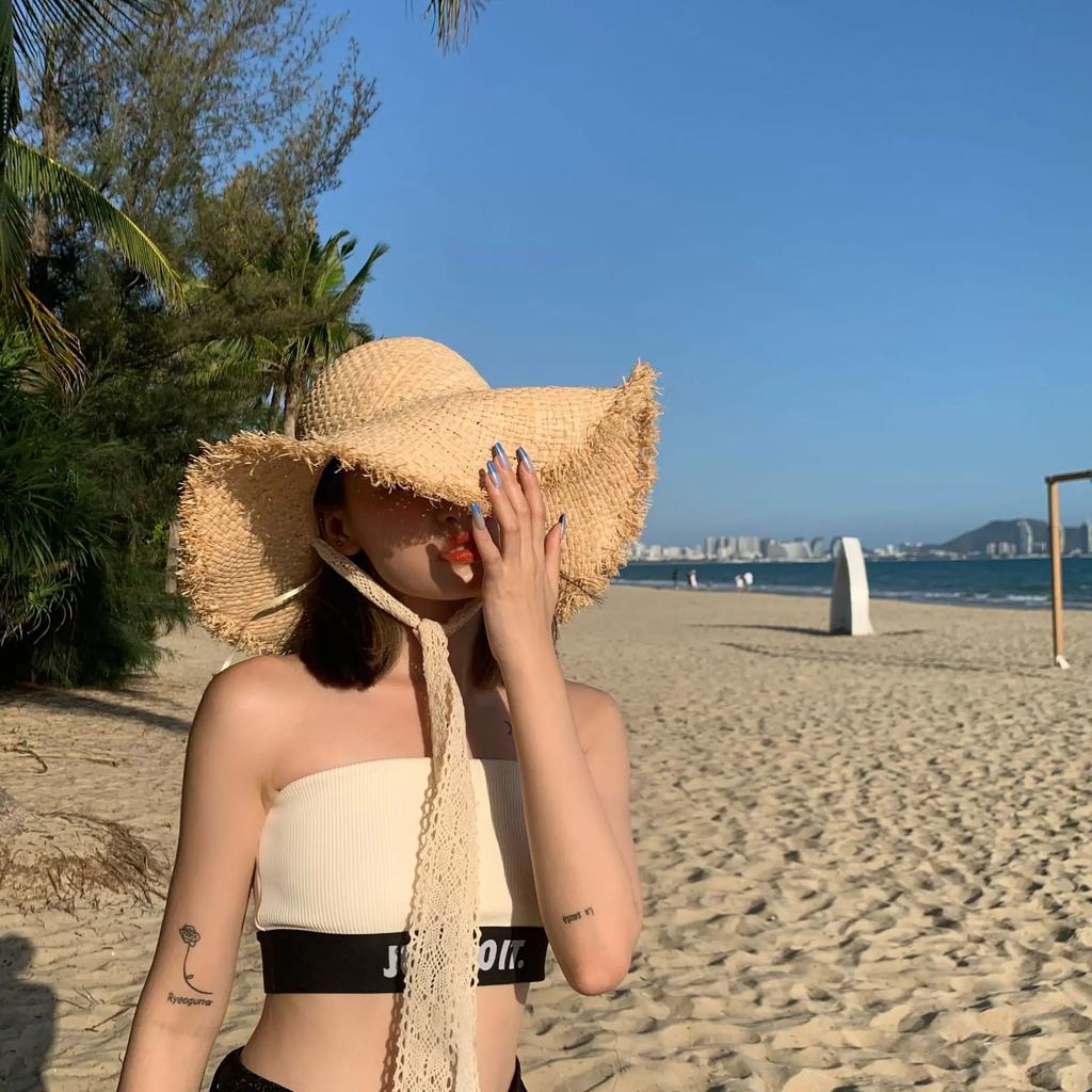 Sweet Lace Straps Summer Straw Hat Handwoven Lafite Sun Hat Retro Travel Sunscreen Beach Vacation Hat for Adult Holidays